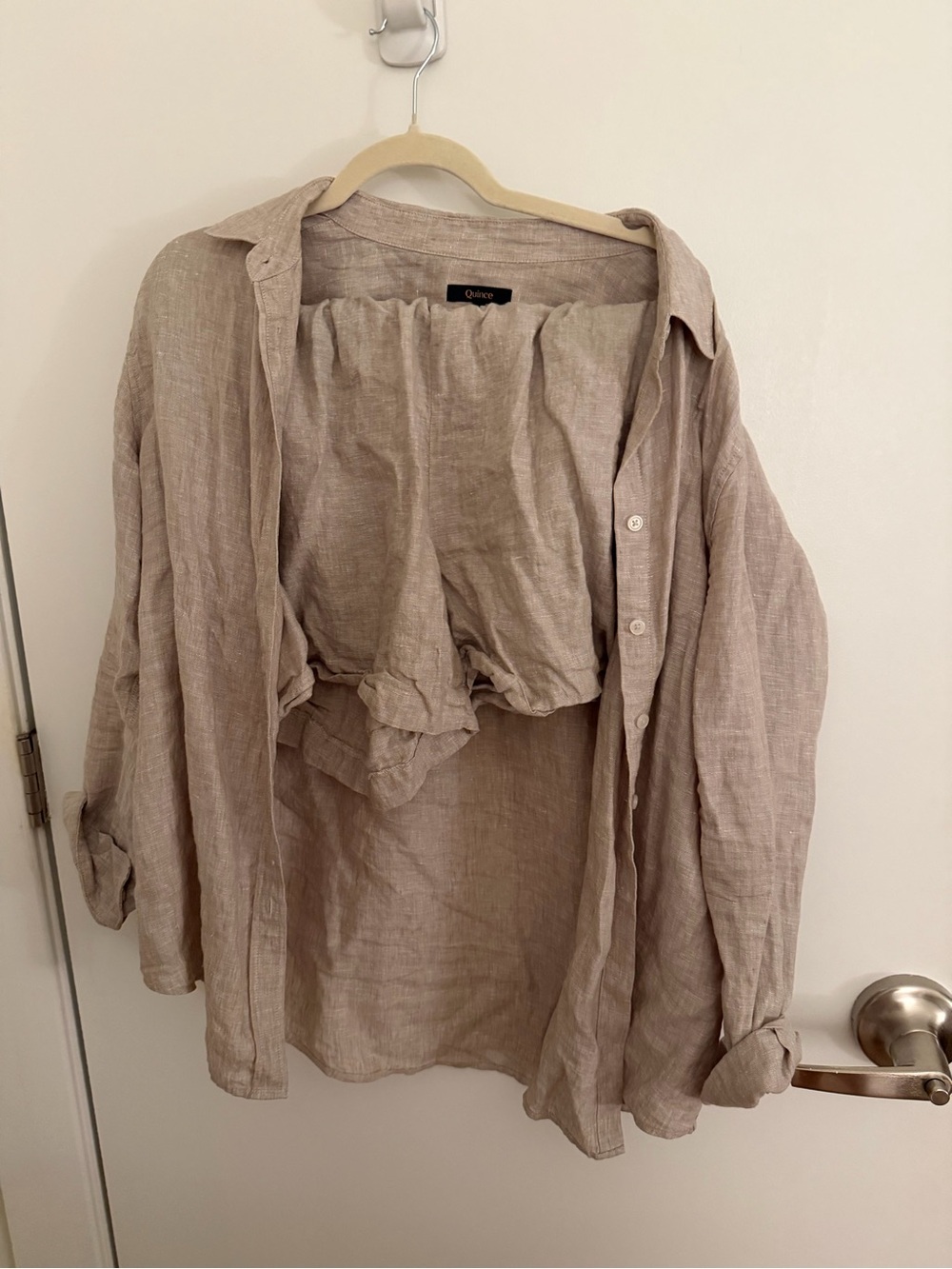 Quince Women's Long-Sleeve Linen Shirt and Shorts Set  — Light Beige